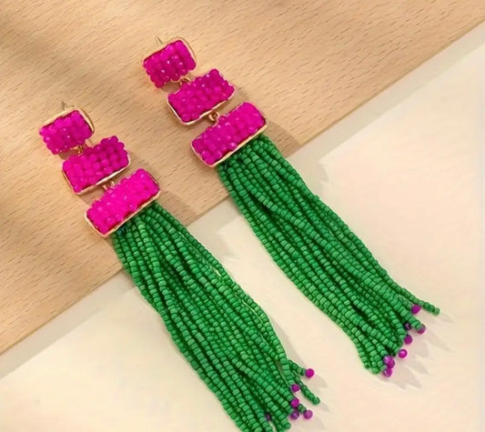 Pink n Green Beaded Earrings